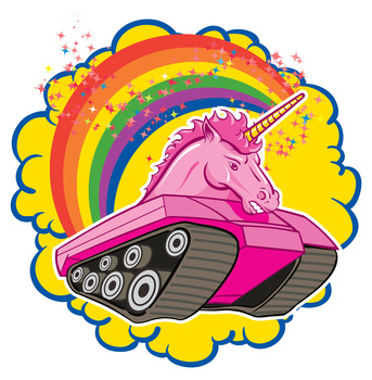 An Illustration of a cartoon Unicorn tank with rainbows and sparkle